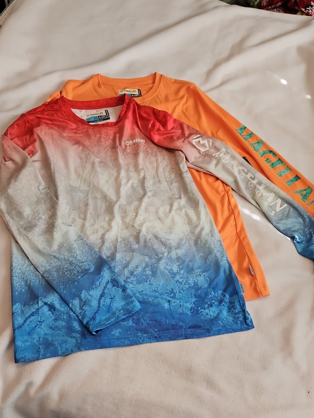 Magellan Outdoors Kids Long Sleeve Ombre Red Blue & Orange Performance Tees